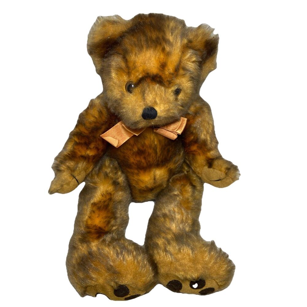 MJC International 1992 Brown Iced Teddy Bear 16 Inch Brown Eyes Orange Ribbon